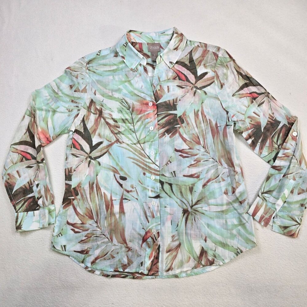 Chicos Size 1 Medium Button-Down Shirt Green Tropical Leaves Print Long Sleeve